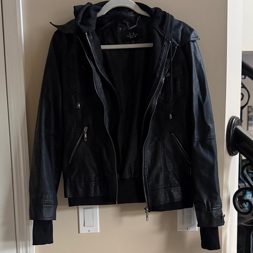 Black Hooded Leather Jacket - L.A.M.B.